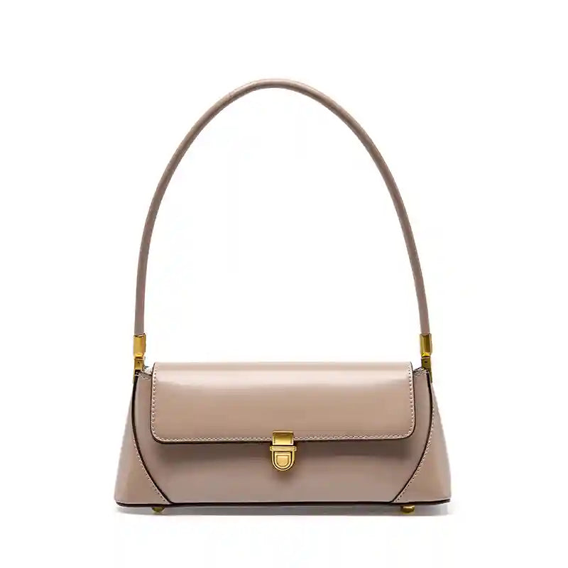 European Retro Shoulder Bag in light beige leather with a vintage-inspired design, featuring a stylish flap and elegant curved handle.