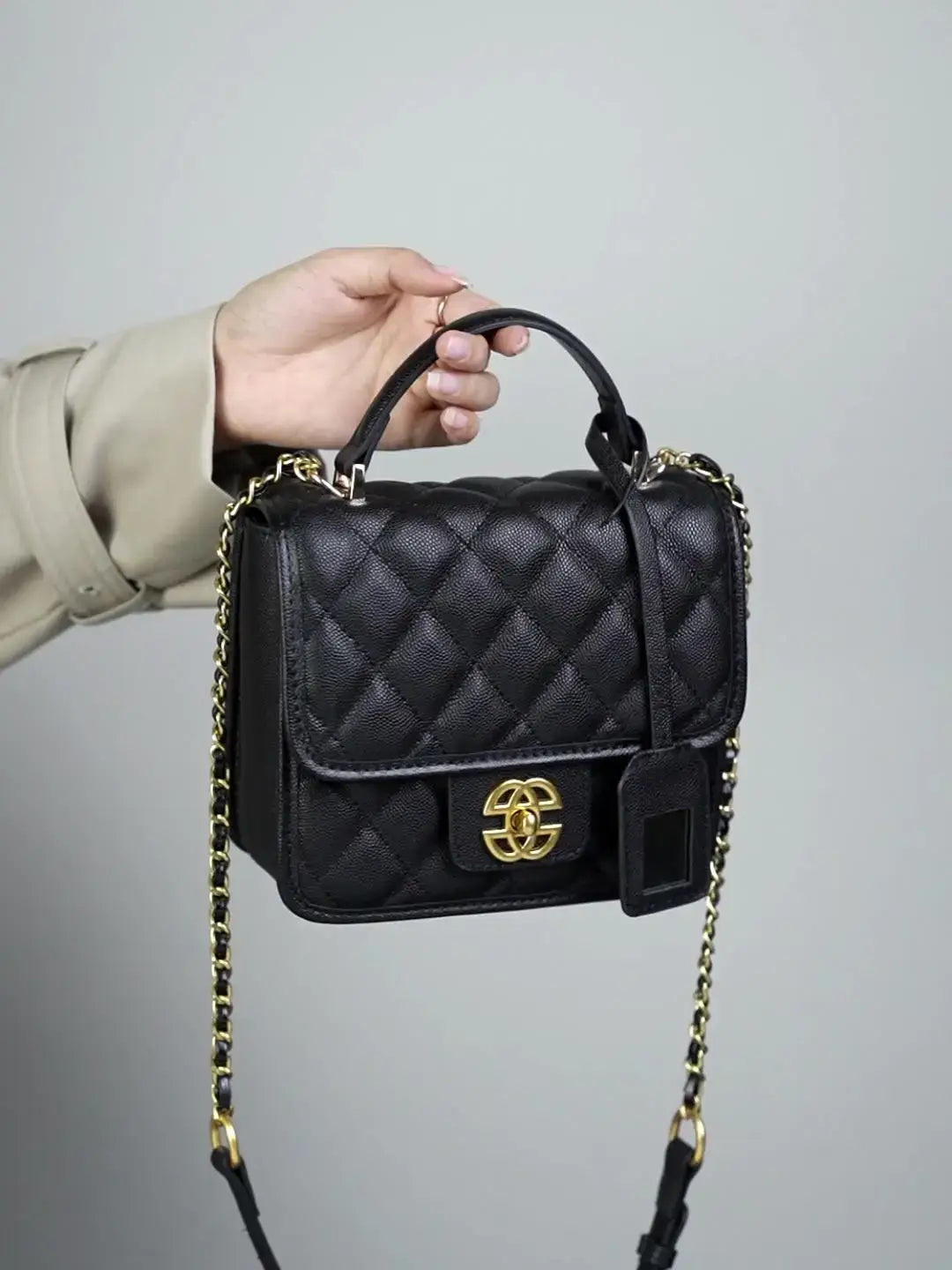 Classic Quilted Leather Top-Handle Bag, genuine leather, flap closure, on model
