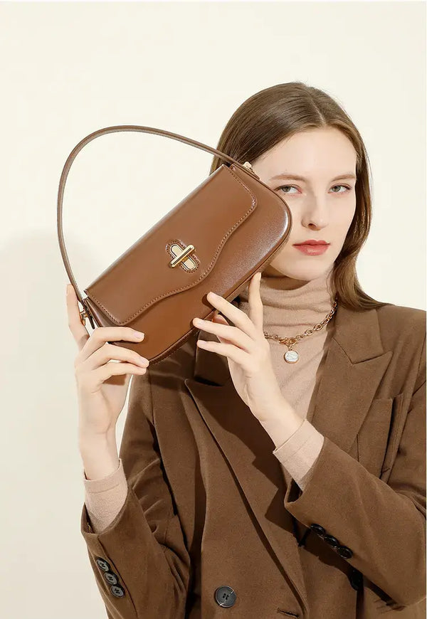 Turn-Lock Leather Baguette Bag