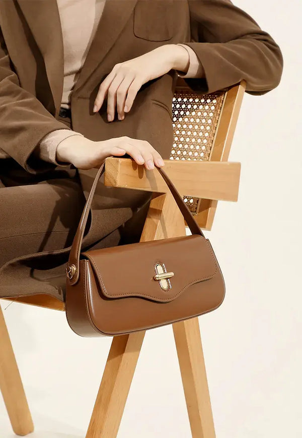 Turn-Lock Leather Baguette Bag