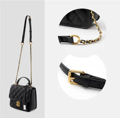 Classic Quilted Leather Top-Handle Bag, genuine leather, flap closure, side view with chain strap