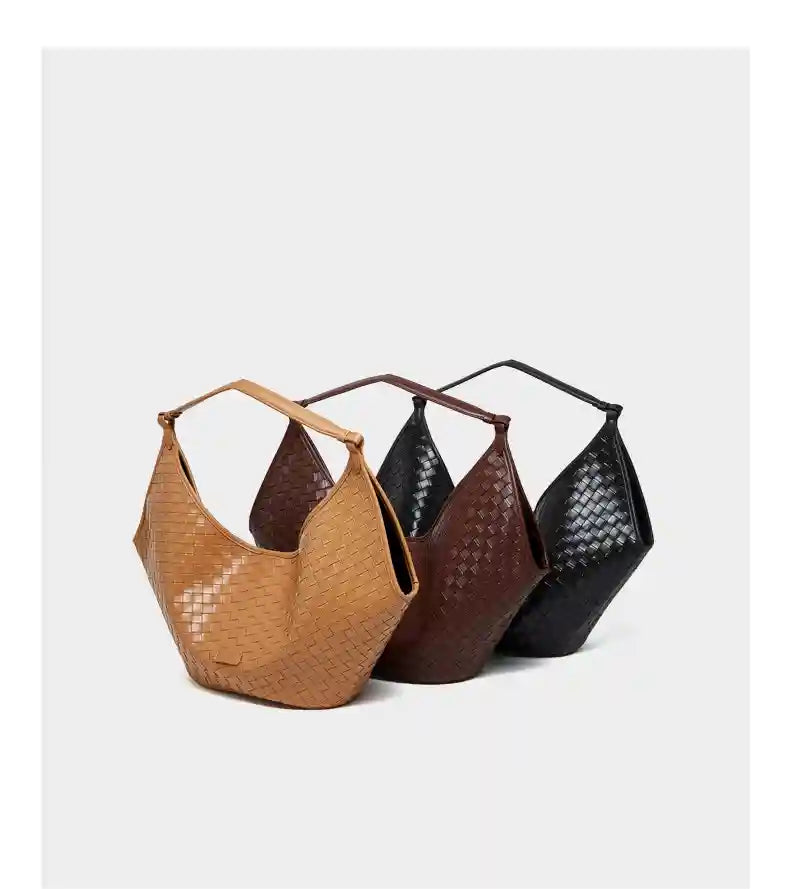 Large Woven Shoulder Bag in three colors: tan, brown, and black, showcasing a stylish, textured design for everyday use.