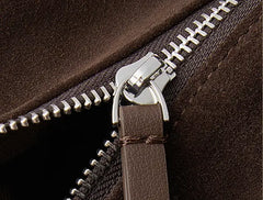 Close-up of zipper and strap detail on Suede Leather Pillow Hobo Bag, showcasing quality suede and metal accents.