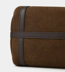 Close-up of the suede texture on the Suede Crescent Shoulder Bag showcasing leather trims.