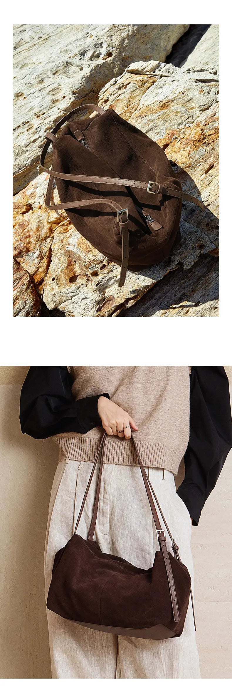 Suede Leather Pillow Hobo Bag with dual shoulder straps and metal buckles on a natural backdrop, perfect for everyday use.