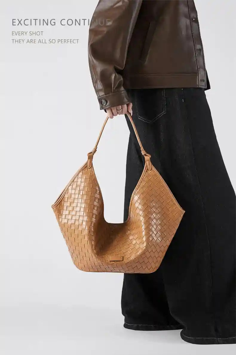 Large Woven Shoulder Bag in tan leather, showcasing a stylish design perfect for casual or date-night outfits.