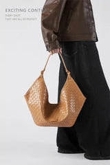 Large Woven Shoulder Bag in tan leather, showcasing a stylish design perfect for casual or date-night outfits.