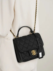 Classic Quilted Leather Top-Handle Bag, genuine leather, flap closure, on model, black