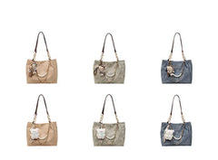 Color options thumbnail showing four shoulder totes with pearl chains in assorted canvas colors.