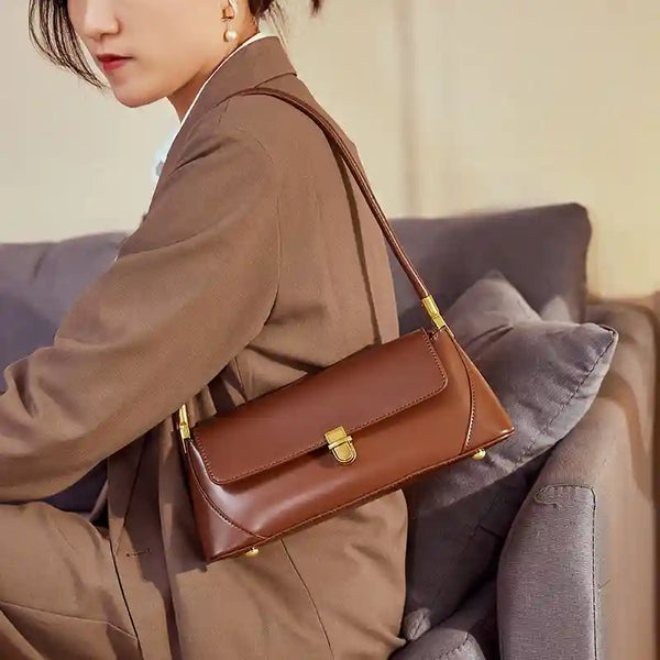 European Retro Shoulder Bag in brown leather with a stylish design for everyday and casual use.