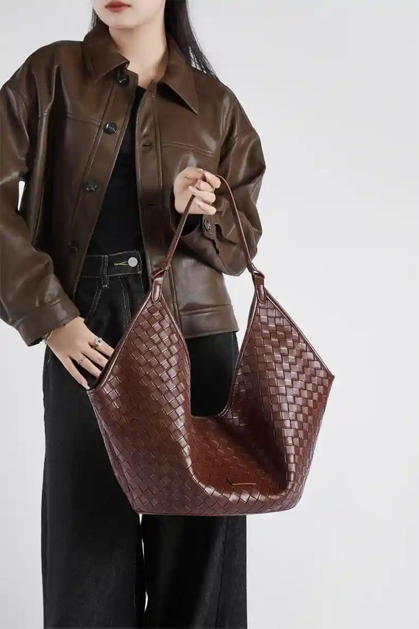 Large Woven Shoulder Bag in brown leather, featuring a stylish woven design, perfect for everyday and casual outings.