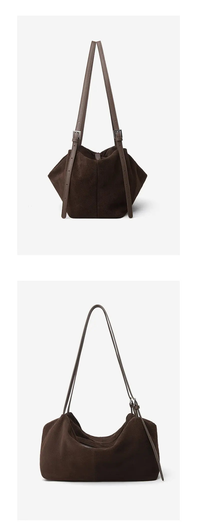 Suede Leather Pillow Hobo Bag showcasing dual shoulder straps and a modern tote silhouette in rich brown.