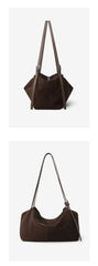 Suede Leather Pillow Hobo Bag showcasing dual shoulder straps and a modern tote silhouette in rich brown.