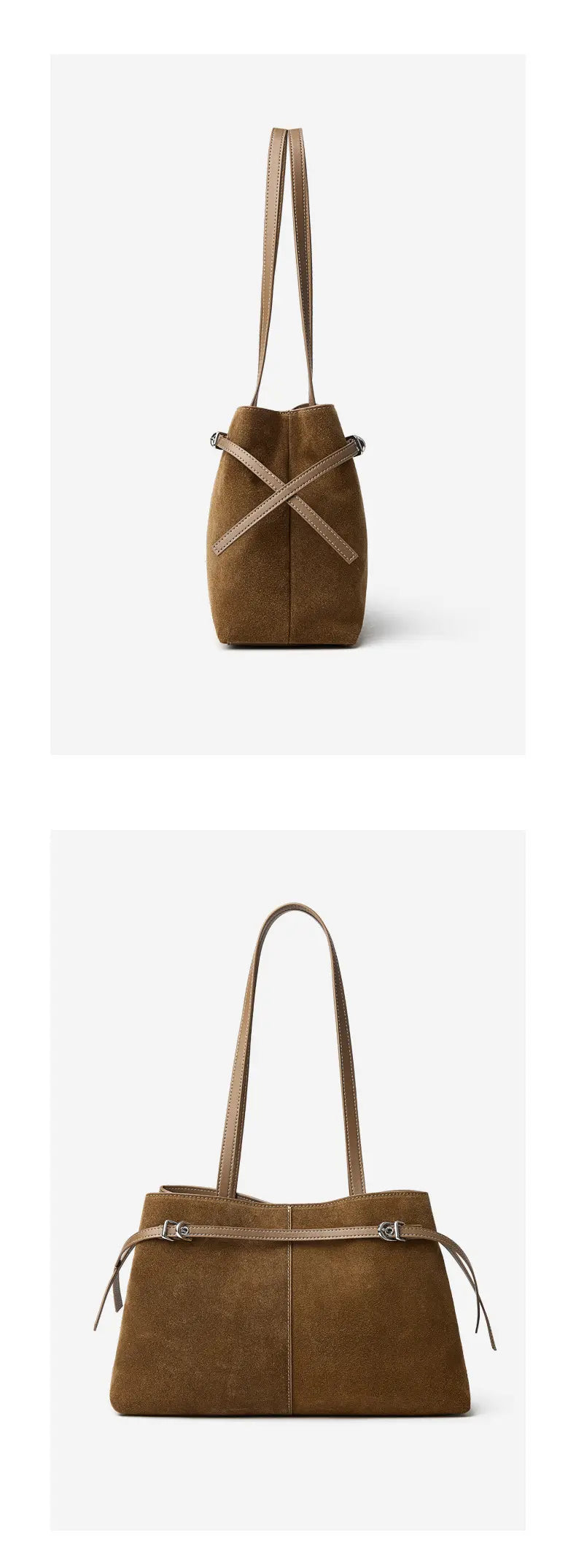 Suede Leather Baguette Shoulder Bag in brown, featuring adjustable straps and a minimalist design.