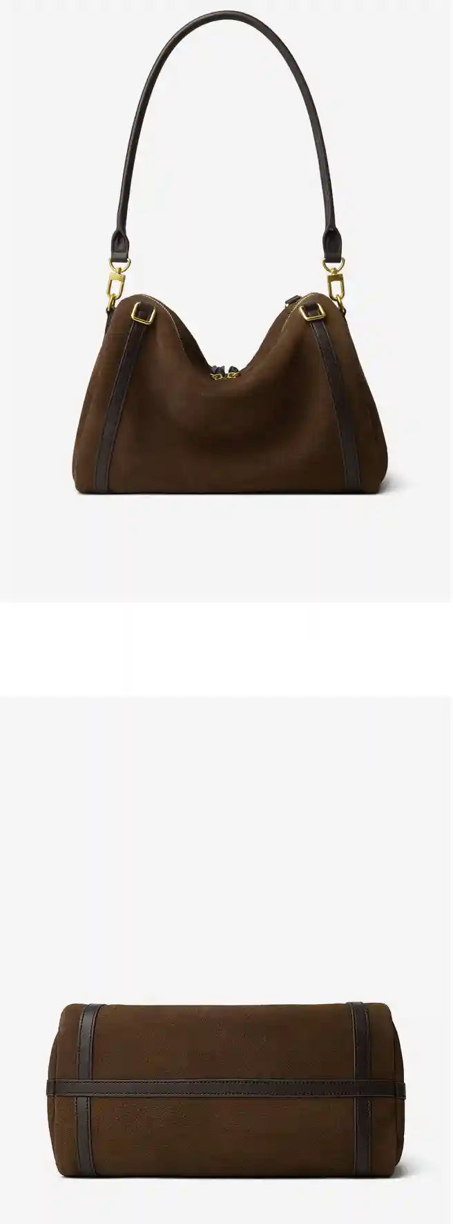 Suede Crescent Shoulder Bag showcasing a vintage-inspired silhouette with leather trims and adjustable strap.