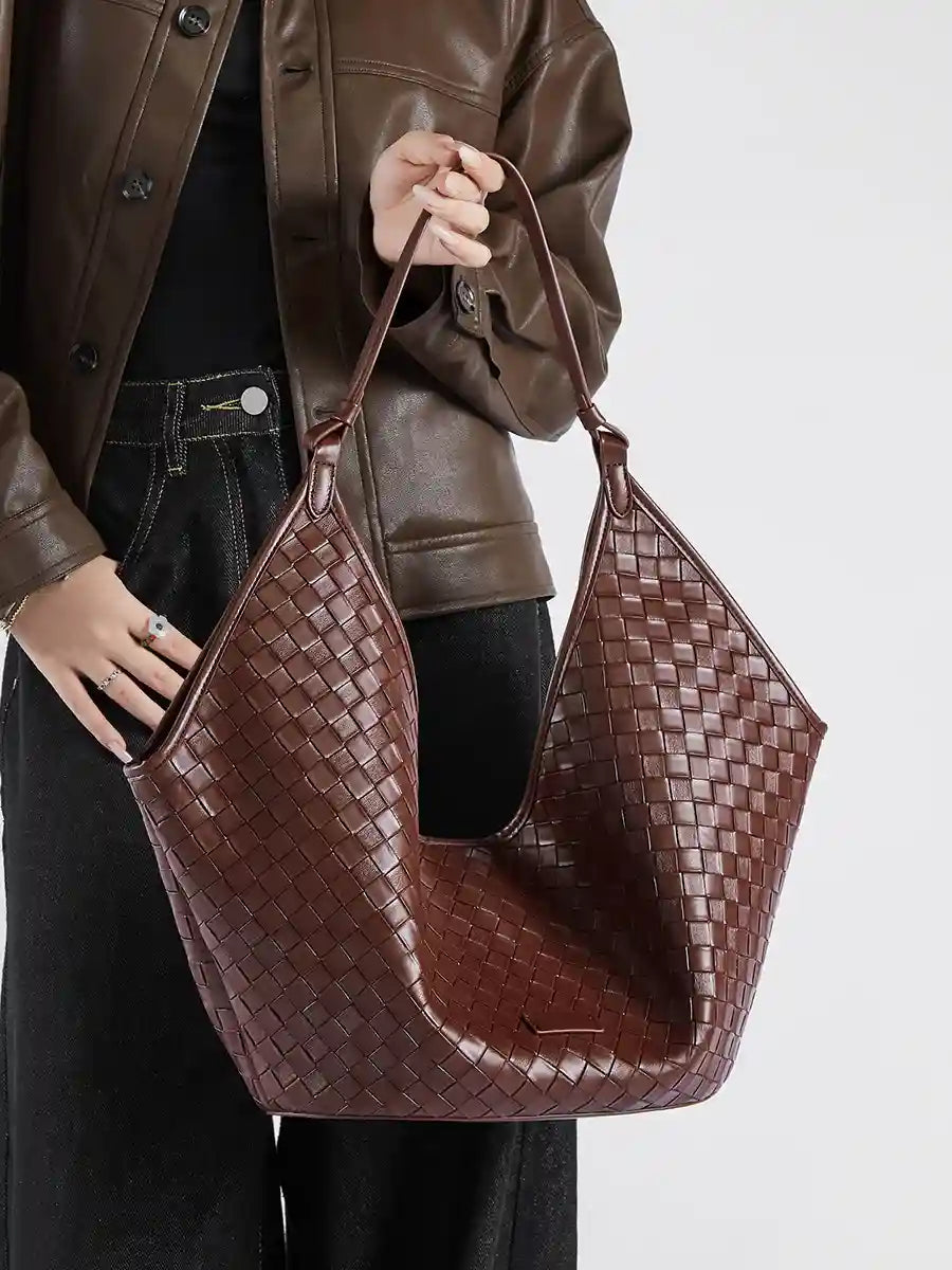 Large Woven Shoulder Bag in rich brown color, showcasing a stylish hobo design with woven leather texture.