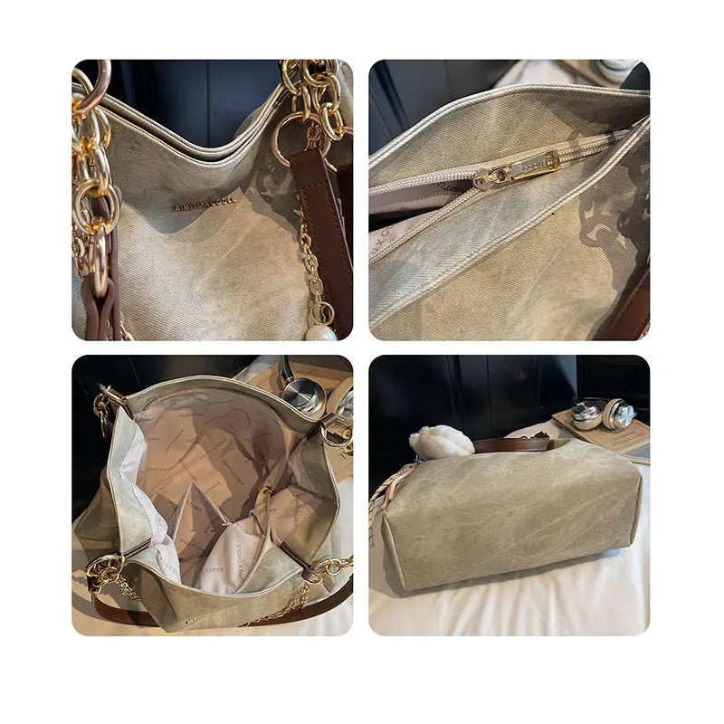 Detail collage of the shoulder tote: canvas texture, hardware, interior, pearl chain.