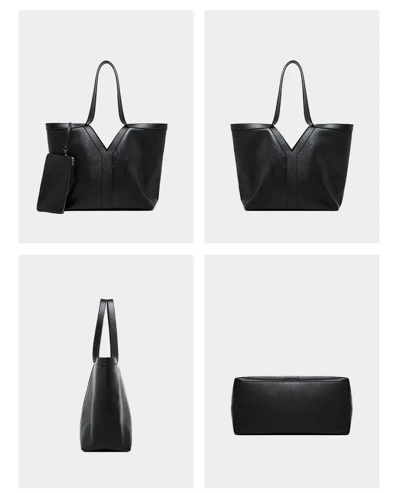 Large Leather Tote Bag featuring a minimalist design, adjustable straps, and a matching wallet, perfect for everyday use.