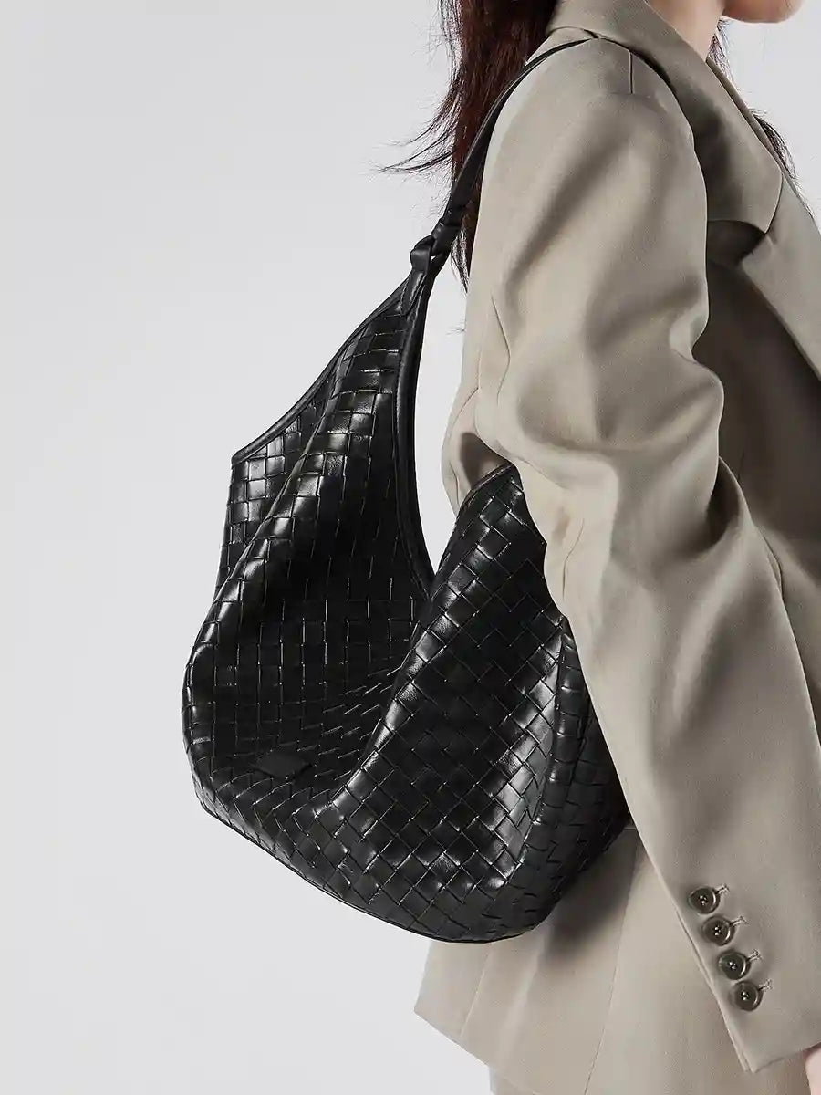 Large Woven Shoulder Bag displayed in black, showcasing the woven texture and versatile design for everyday use.