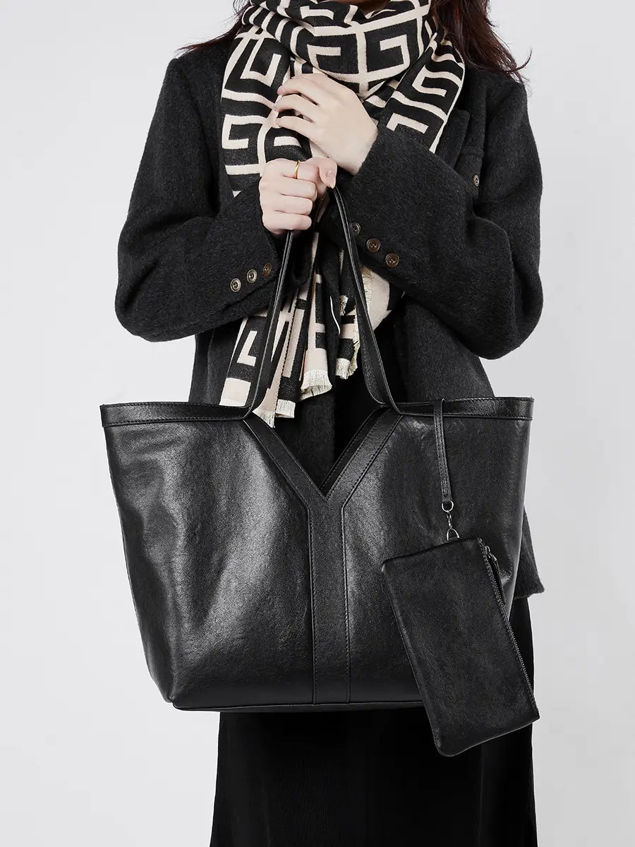 Large Leather Tote Bag featured with a stylish scarf, showcasing a chic design perfect for everyday use.