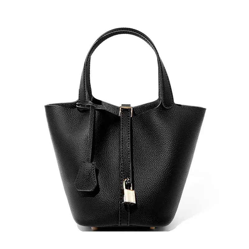 Front view of Classic Leather Bucket Bag featuring a chic design and lustrous hardware in a minimalist black tone.