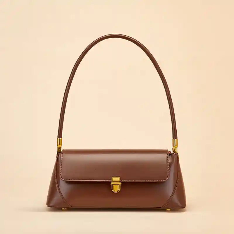 European Retro Shoulder Bag in brown leather with a slim shoulder strap and magnetic closure, perfect for casual outings.