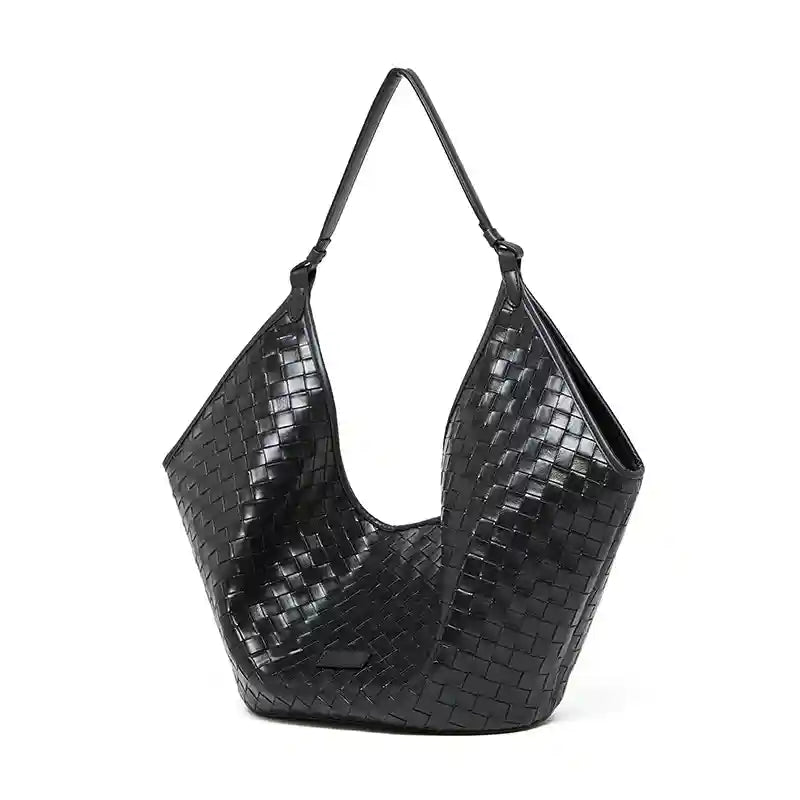 Large Woven Shoulder Bag in black, featuring woven cowhide leather with a stylish design for everyday and casual use.
