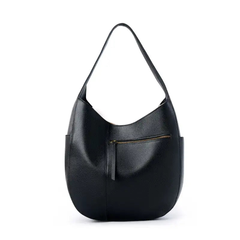 Leather Crescent Hobo Bag in black with a smooth finish, featuring a zip pocket, designed for casual and work occasions.