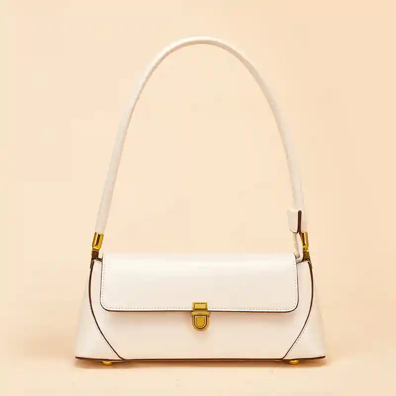 European Retro Shoulder Bag in white leather with gold hardware and adjustable strap, perfect for casual and date-night outings.