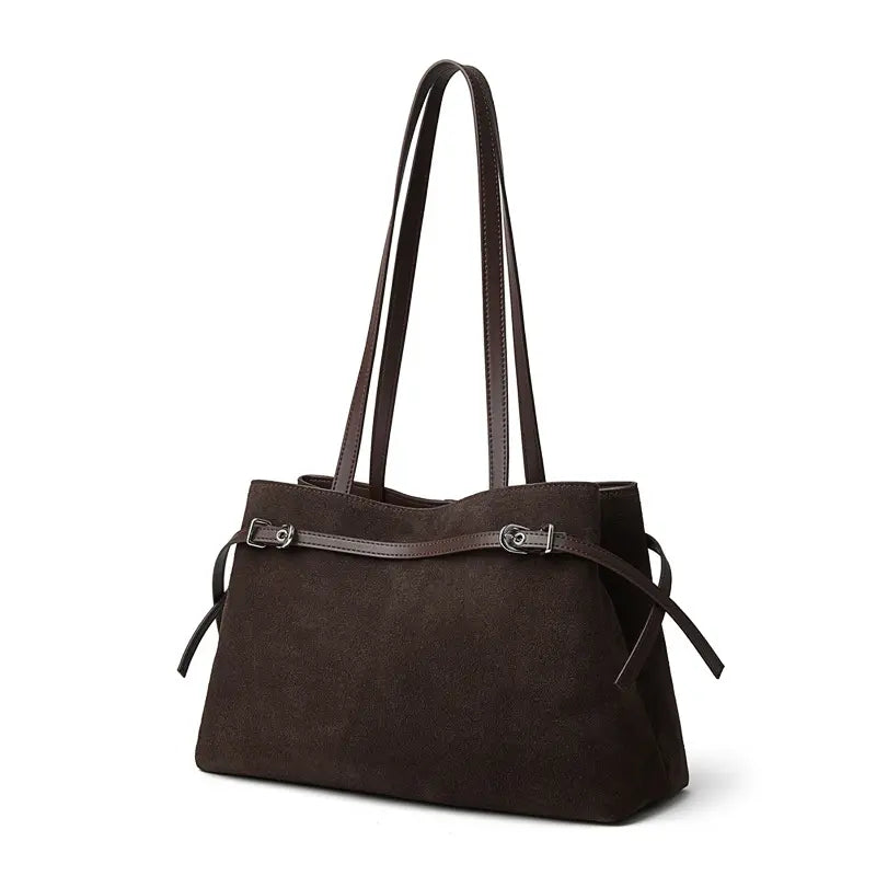 Suede Leather Baguette Shoulder Bag in dark brown with adjustable straps and modern design.