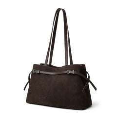 Suede Leather Baguette Shoulder Bag in dark brown with adjustable straps and modern design.