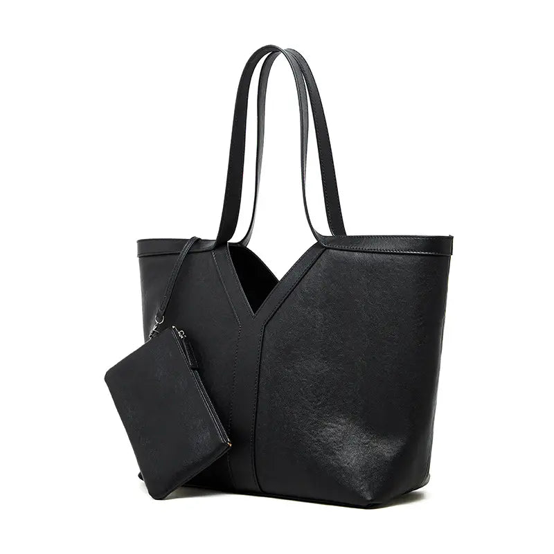 Large Leather Tote Bag in black with minimalist design, includes matching wallet for everyday style.