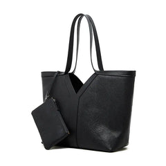 Large Leather Tote Bag in black with minimalist design, includes matching wallet for everyday style.