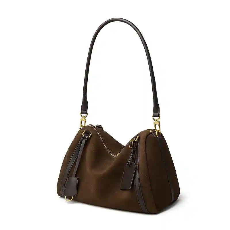 Suede Crescent Shoulder Bag in brown with leather trims, perfect for casual or date-night use, blending style and utility.