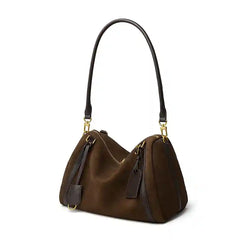 Suede Crescent Shoulder Bag in brown with leather trims, perfect for casual or date-night use, blending style and utility.