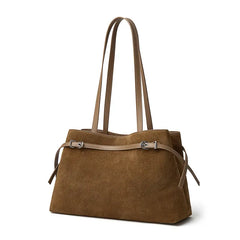 Suede Leather Baguette Shoulder Bag in brown with adjustable straps and clean minimalist design.