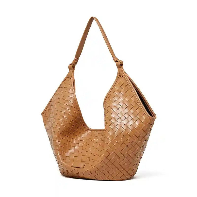 Large Woven Shoulder Bag in tan color, crafted from genuine leather with a stylish woven design, perfect for everyday use.