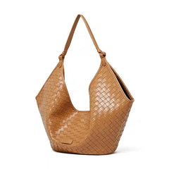 Large Woven Shoulder Bag in tan color, crafted from genuine leather with a stylish woven design, perfect for everyday use.