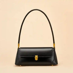 European Retro Shoulder Bag in black leather with gold details, elegant design, ideal for casual and date-night wear.