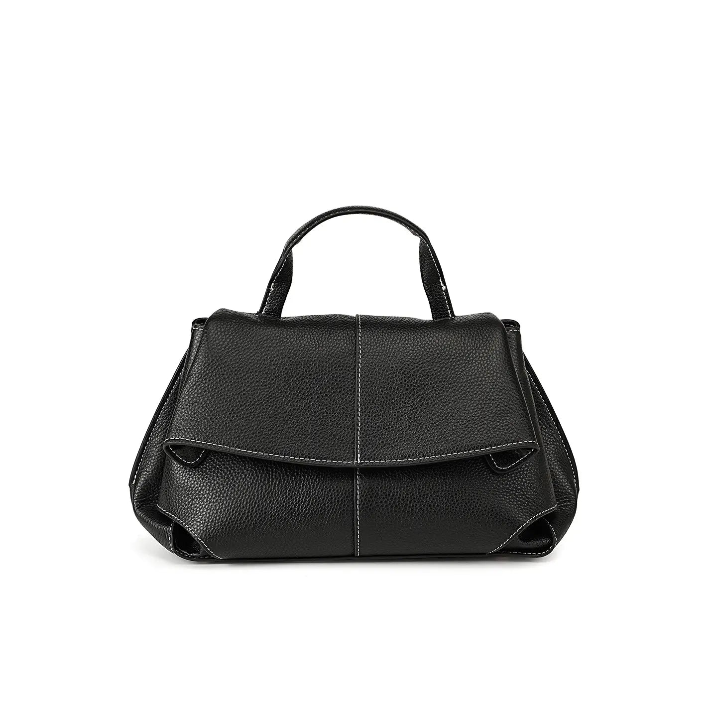 Premium Leather Crossbody Bag in sleek black, showcasing a minimalist design with flap closure and sturdy handle.