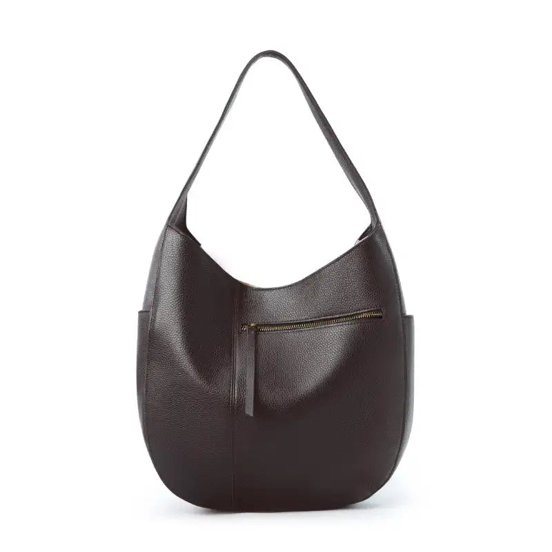Leather Crescent Hobo Bag in dark brown, featuring a sleek shell shape and practical zipper pocket.