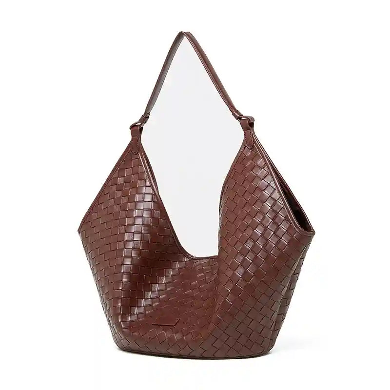 Large Woven Shoulder Bag in rich brown leather with a stylish design, perfect for casual and everyday use.