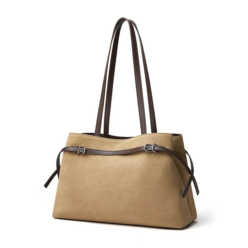 Suede Leather Baguette Shoulder Bag in beige with brown straps, perfect for casual and work outings.